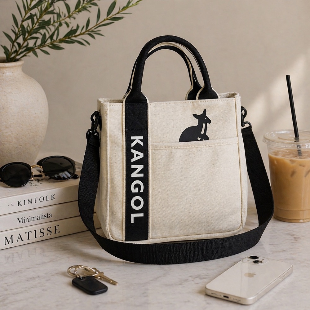 Kangol Canvas Mini Tote Crossbody Bag Cream Black Logo Adjustable Strap